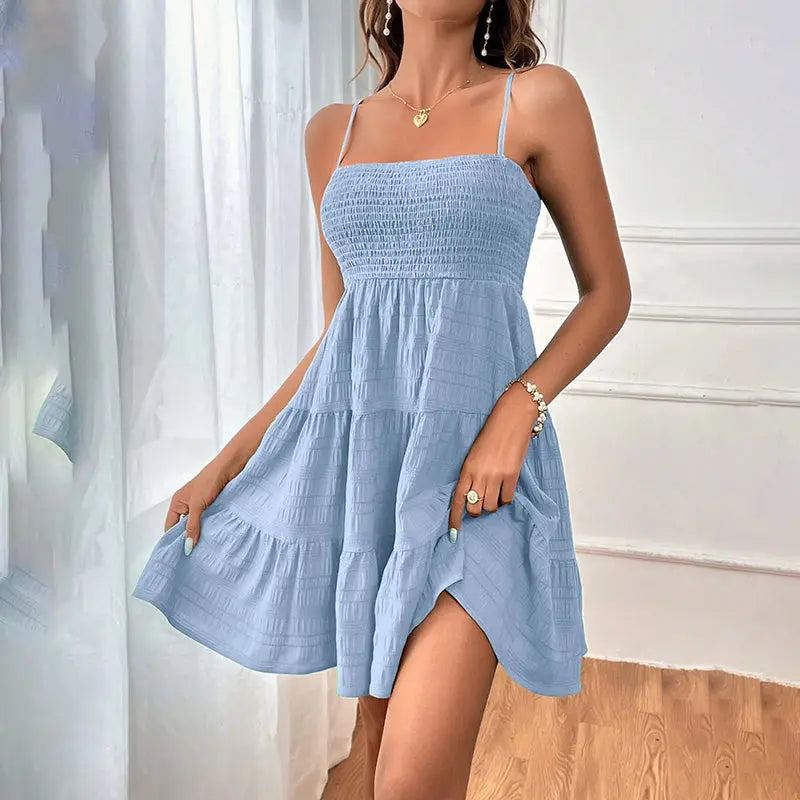 Women's Spaghetti Strap Sleeveless Smocked A-Line Swing Mini Dress, Elegant Casual Summer Dress Lady T Fashions