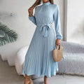 Elegant High Neck Long Sleeve Pleated Maxi Dress - Solid Color Flowy Dress For Women, Casual To Formal Wear Lady T Fashions