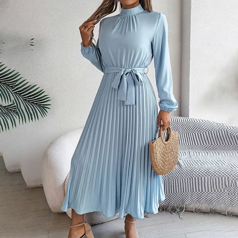 Elegant High Neck Long Sleeve Pleated Maxi Dress - Solid Color Flowy Dress For Women, Casual To Formal Wear Lady T Fashions
