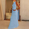 2pcs Women's Dress Suit Sexy Sleeveless Backless Cropped Halter Top And Pleated Long Skirt Beach Clothing Lady T Fashions