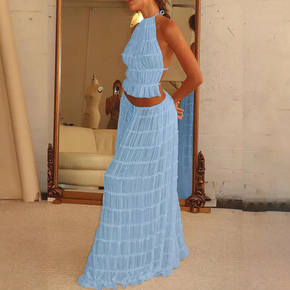 2pcs Women's Dress Suit Sexy Sleeveless Backless Cropped Halter Top And Pleated Long Skirt Beach Clothing Lady T Fashions