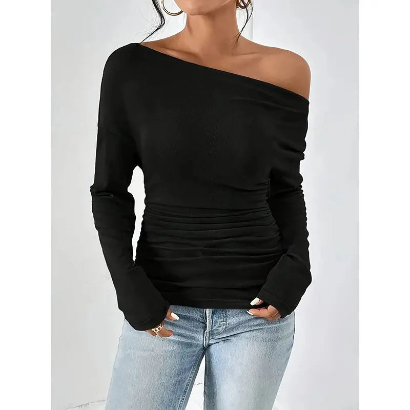 Women's Off The Shoulder Tops Long Sleeve T Shirts Going Out Tops Casual Trendy Ruched Slim Fitted Tees Lady T Fashions