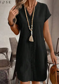 Solid Notched Button Front Batwing Sleeve Shirt Dress Lady T Fashions