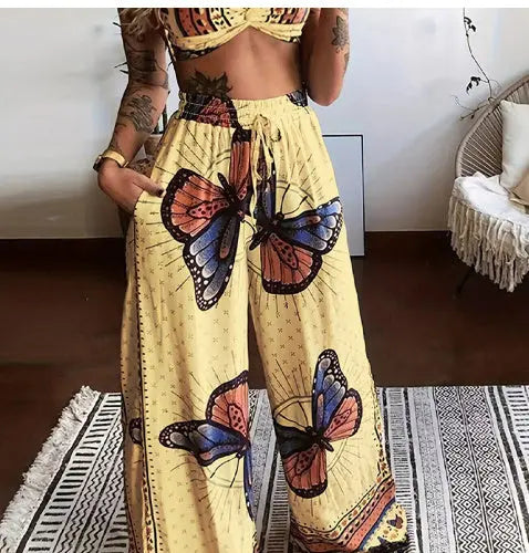 Printed Tube Top Loose Wide Leg Pants Two-piece Set Lady T Fashions