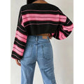 Women's Color Block Striped Sweater Crew Neck Lantern Sleeve Cropped Pullover Tops Lady T Fashions