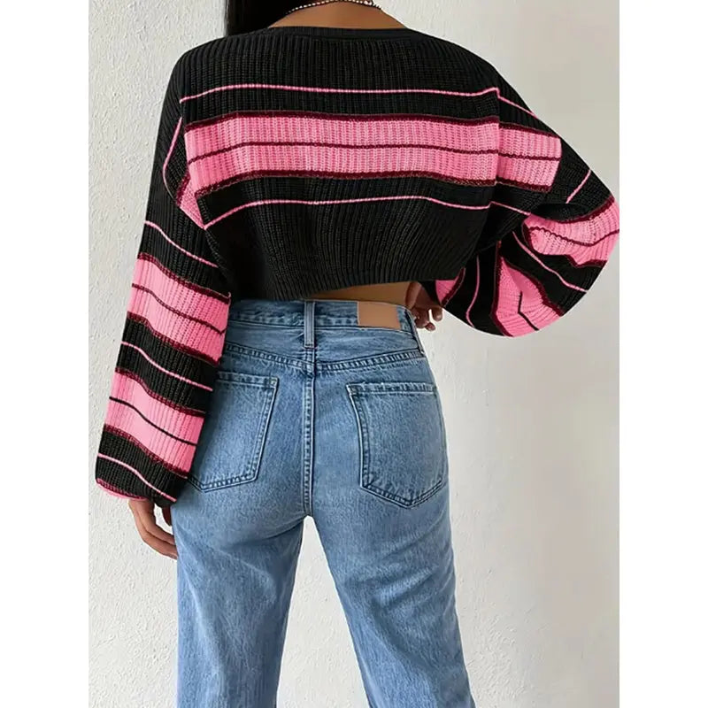 Women's Color Block Striped Sweater Crew Neck Lantern Sleeve Cropped Pullover Tops Lady T Fashions