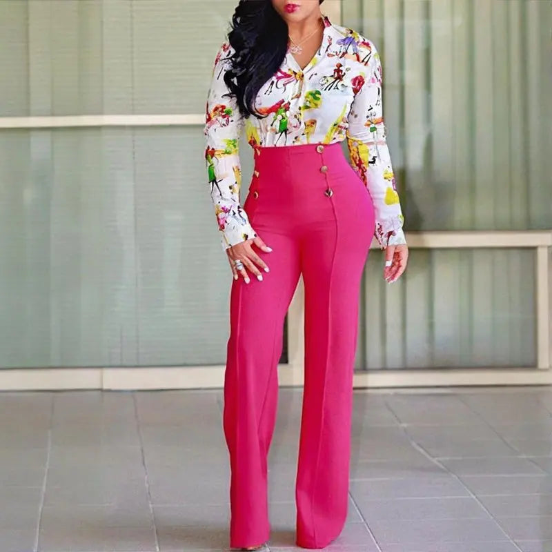 Women's Elegant High-Waisted Wide Leg Pants With Double-Breasted Buttons - Flared Trousers For Casual & Formal Wear Lady T Fashions