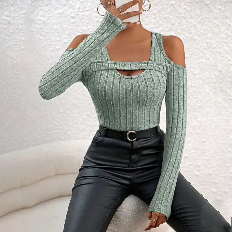 Women's Ribbed Long Sleeve Top Cut Out Front Detail Fitted Sexy Tee Casual Dressy T-Shirt Tops Lady T Fashions