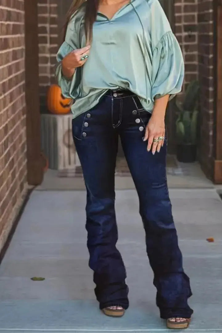 Women's High Waist Flare Jeans Western Cowboy Pants Fitted Below The Ankle With Metallic Buttons & Contrast Stitching For All Seasons Lady T Fashions