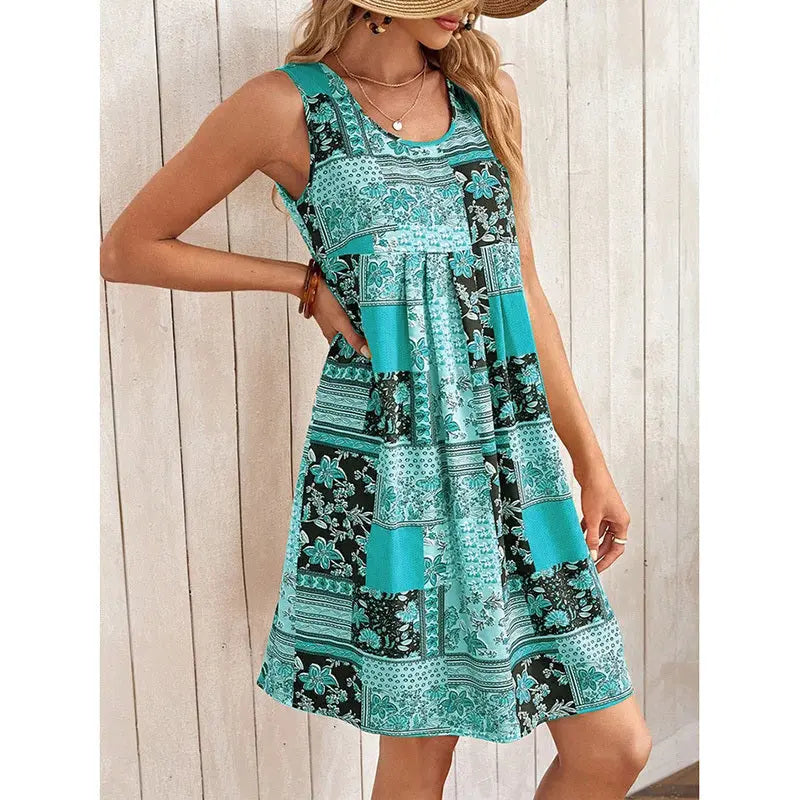 Women's Summer Dress Sleeveless Floral Boho Sundress Swimsuit Coverup Casual Loose Beach Vacation Tank Dresses Lady T Fashions
