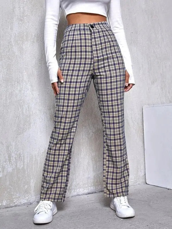 Mid-rise Plaid Print Temperament Commuting Literary Style Slightly Flared Wide-leg Pants Trousers Casual Pants Lady T Fashions