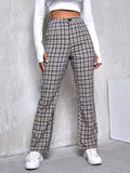 Mid-rise Plaid Print Temperament Commuting Literary Style Slightly Flared Wide-leg Pants Trousers Casual Pants Lady T Fashions