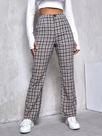 Mid-rise Plaid Print Temperament Commuting Literary Style Slightly Flared Wide-leg Pants Trousers Casual Pants Lady T Fashions