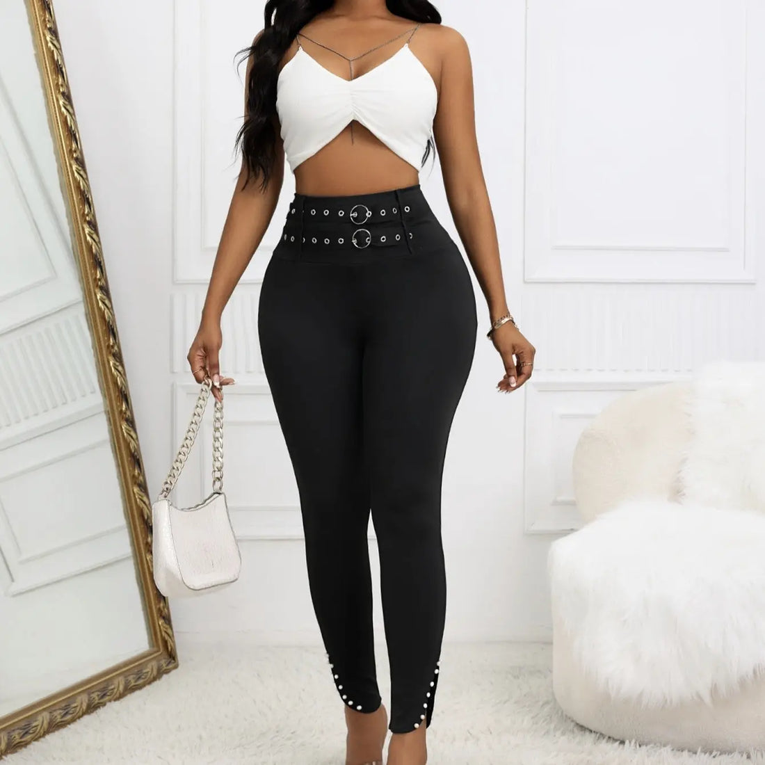Ladies' Solid Color Casual Style Tight Fitting High Waist Slim Fit Slit Detail Pants Waist Ring Fake Belt Design Sense Tapered Pants Lady T Fashions