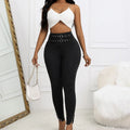 Ladies' Solid Color Casual Style Tight Fitting High Waist Slim Fit Slit Detail Pants Waist Ring Fake Belt Design Sense Tapered Pants Lady T Fashions