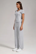 Women's Casual Sports Two-piece Set With V-neck Button, Short Sleeved, Low Waisted Flared Pants, Sportswear Lady T Fashions