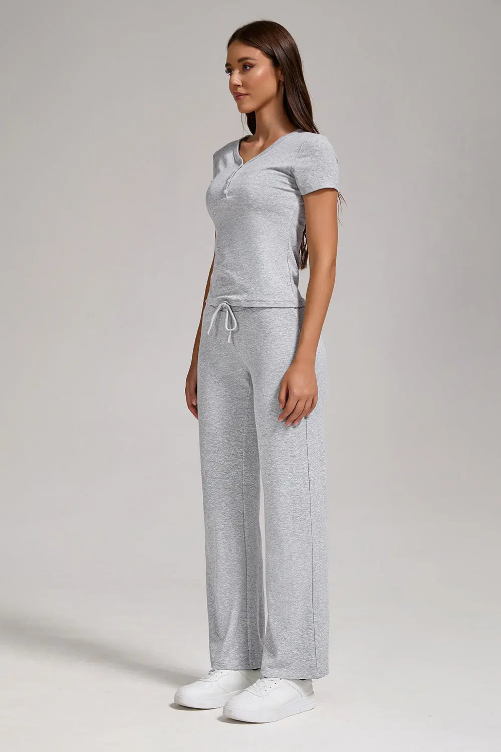 Women's Casual Sports Two-piece Set With V-neck Button, Short Sleeved, Low Waisted Flared Pants, Sportswear Lady T Fashions