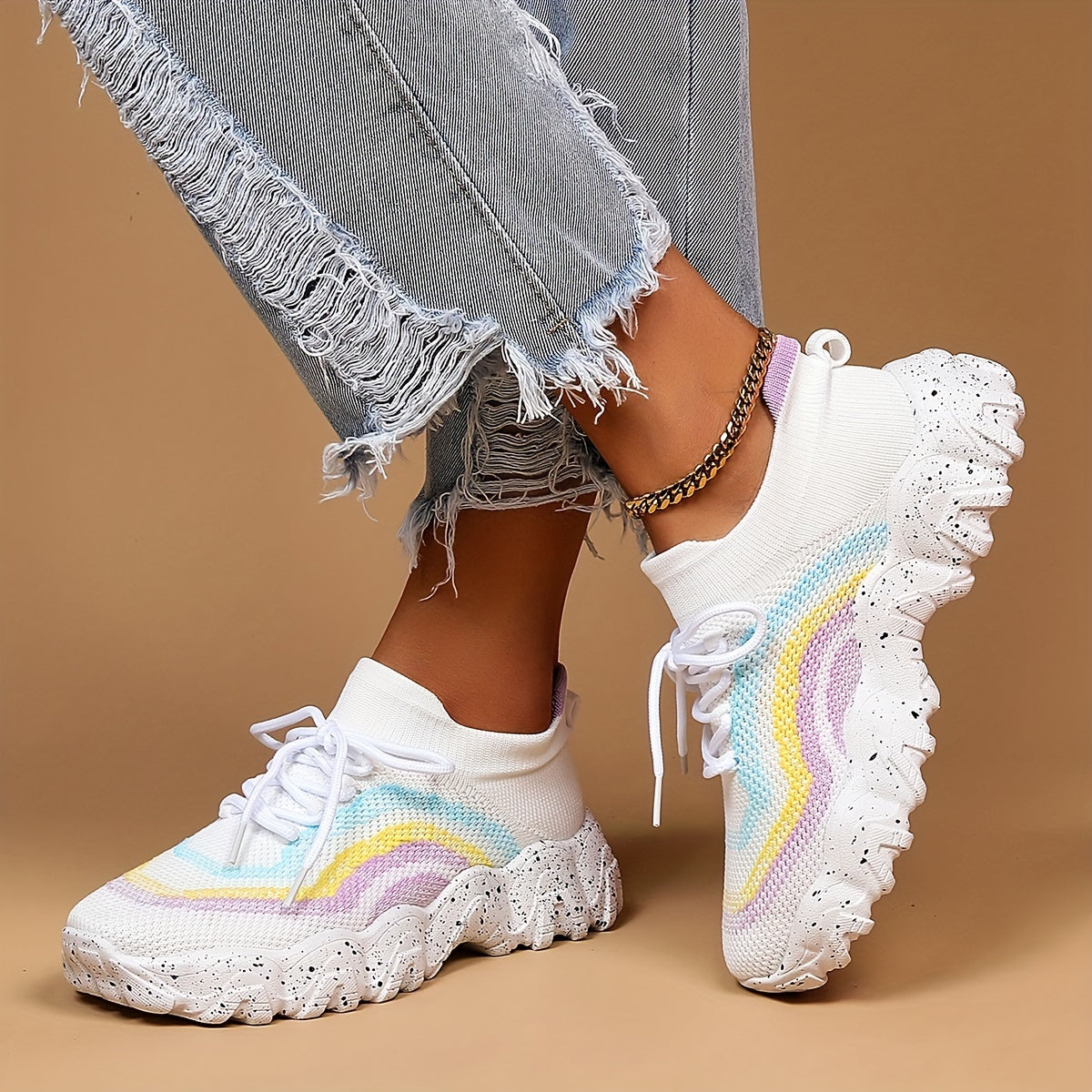 Women's Flying Woven Walking Shoes, Fashion Lace Up Outdoor Casual Sneakers, Breathable Weaving Sneakers Lady T Fashions