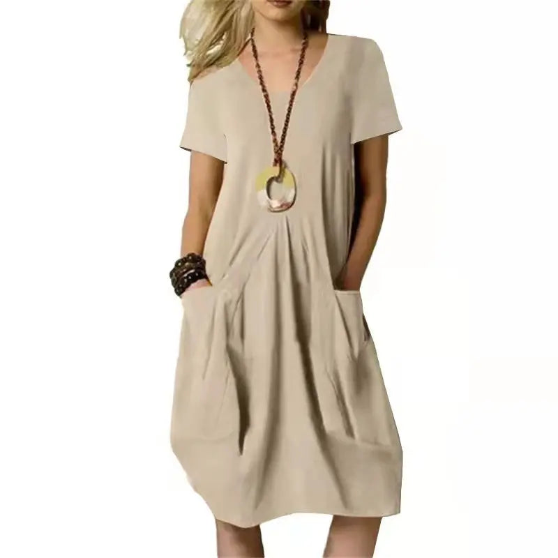 Cotton And Linen Solid Color Loose Round Neck Short Sleeve Dress Lady T Fashions