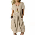 Cotton And Linen Solid Color Loose Round Neck Short Sleeve Dress Lady T Fashions