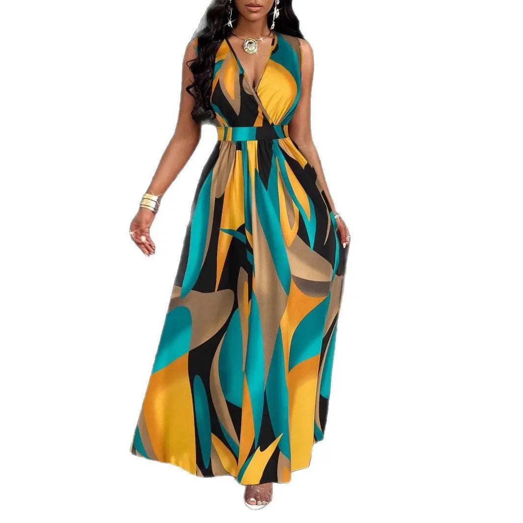Tropical Printing V-neck Waist Twist Knitted Slim Fit Flare Skirt Lady T Fashions