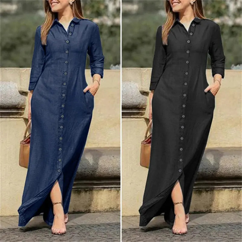 Womens Casual Button Down Denim Maxi Dress Long Sleeve Long Jean Dresses With Pockets Lady T Fashions