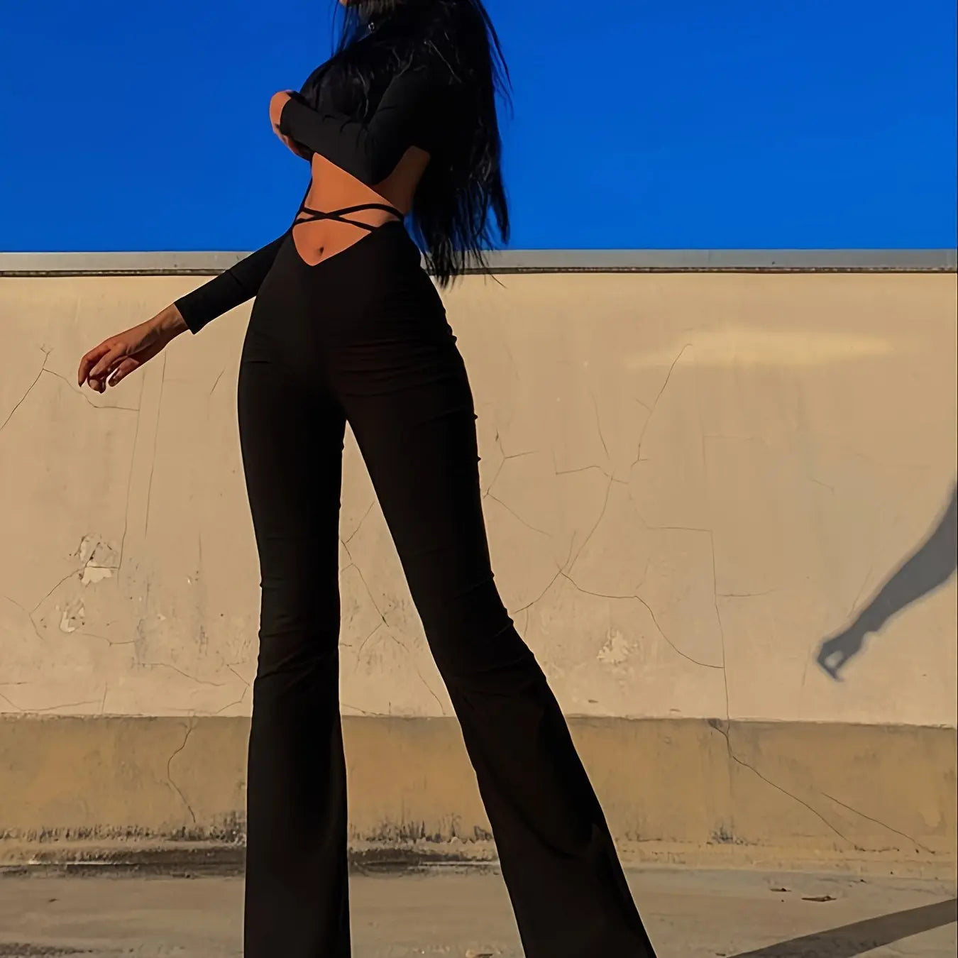 Long Length Solid Criss Cross Flare Leggings - High Waist Fitted, Elastic Waist, Mid Elasticity, Cross Strap, Sheer, Machine Washable - Perfect for Weekend Casual, Fall Season, Young Women Lady T Fashions