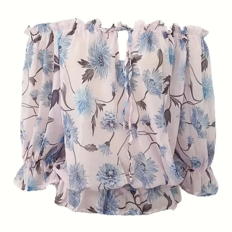 Womens Summer Off Shoulder Blouse Floral Print Ruffle Sleeve Casual Chiffon Tops Shirts Lady T Fashions