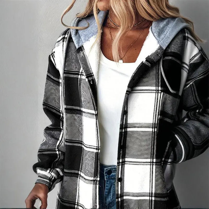Women's Plaid Drawstring Hoodie Long Sleeve Shirt Button Front Casual Tops Spring&Fall Fashion Minimalist Style Lady T Fashions