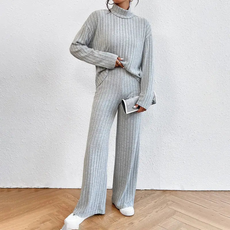 Women's Solid Color 2-Piece Set High Neck Long Sleeve Top & Pants, Striped Loungewear For Fall&Winter Lady T Fashions