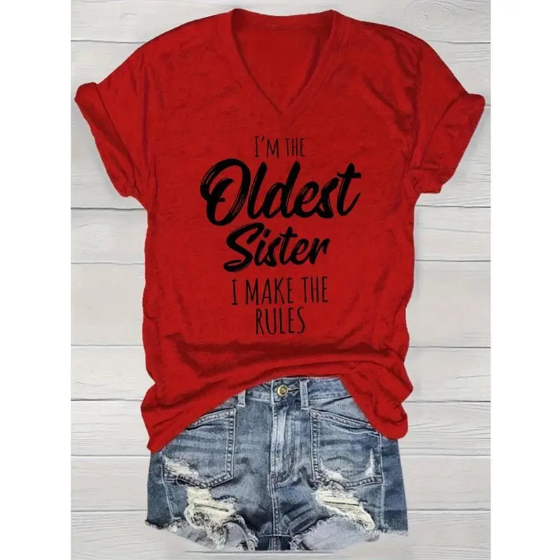 Women's Vibrant Letter Print V-Neck Tee Casual Short Sleeve Summer Top Lady T Fashions