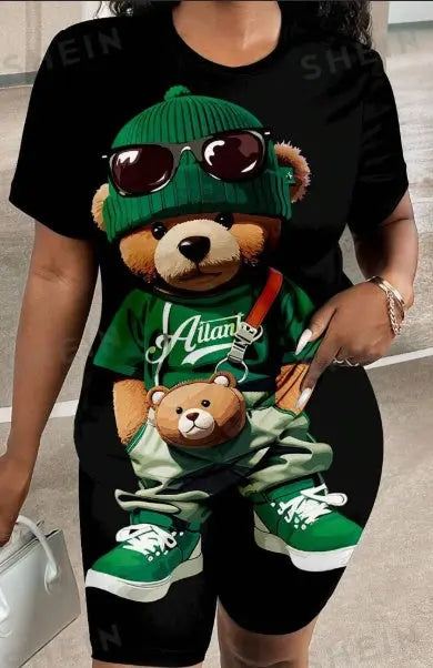 Casual Printed Cute Bear Pattern 2pcs Set For Women, Suitable For Summer Lady T Fashions
