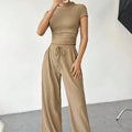 Women's Solid Color Short Sleeved T-shirt High Neck Top Loose Casual Pants Set Lady T Fashions