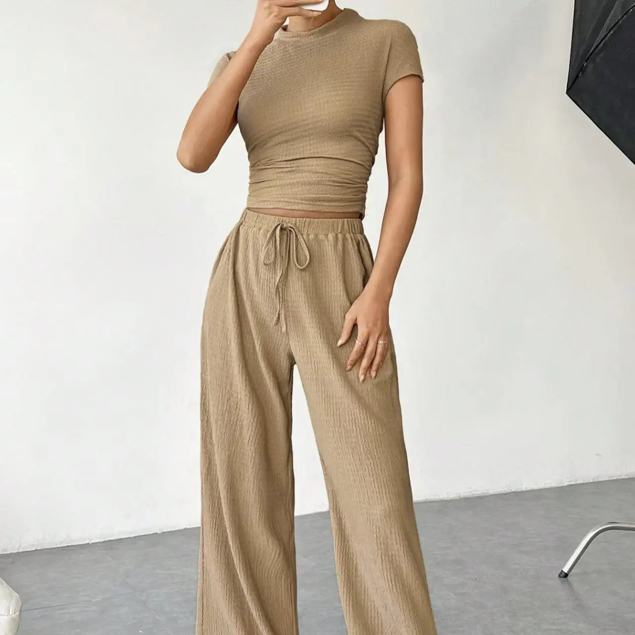 Women's Solid Color Short Sleeved T-shirt High Neck Top Loose Casual Pants Set Lady T Fashions