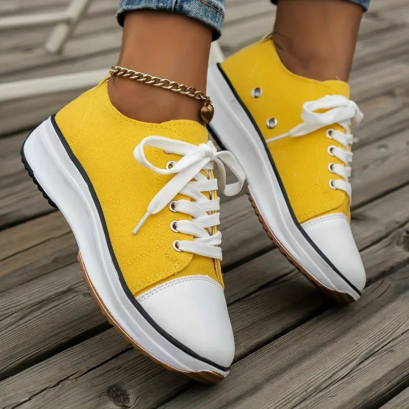 Women's Chunky Canvas Shoes, Non Slip Lace Up Casual Sneakers, Thick Sole Running Sports Shoes Lady T Fashions