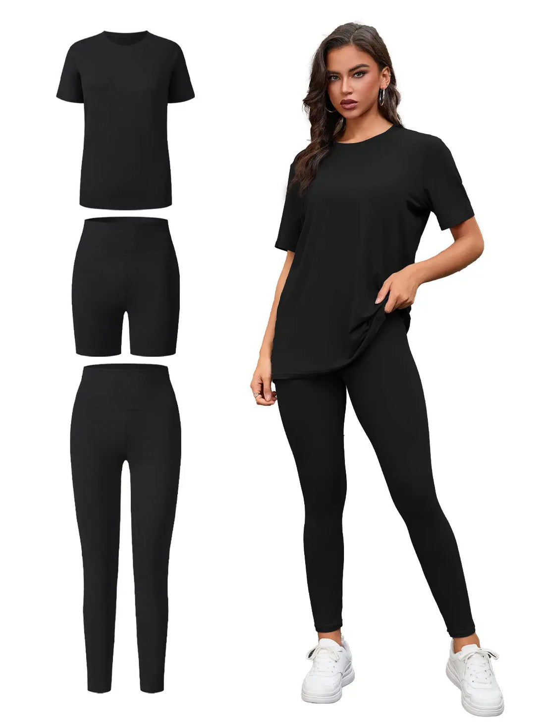 Three Piece Set, Round Neck Short Sleeved Top And Shorts And Pants Set, Sports And Casual Clothing Lady T Fashions