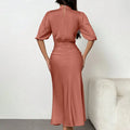 Women's Short Sleeve Mock Neck Ruched Midi Dress Slim Fit Elegant Party Dress Lady T Fashions