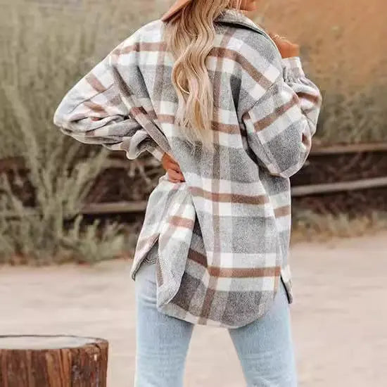 Women's Plaid Buckle Jacket Casual Fashion Long Sleeve Coat Lady T Fashions