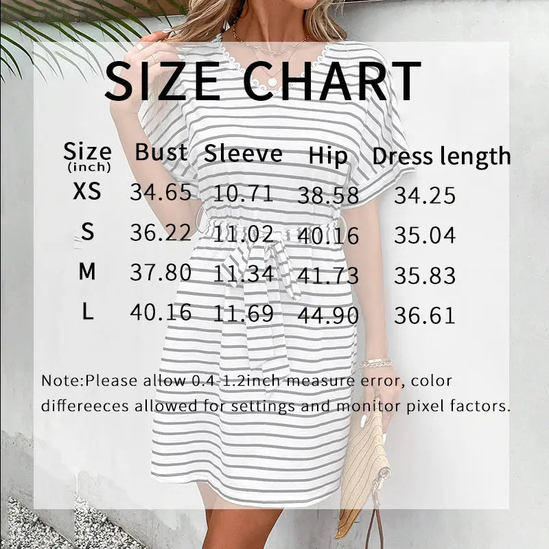 Womens Summer Short Sleeve Striped Dress Casual Tie Waist Midi Dresses Lady T Fashions