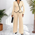 Women's Two-Piece V-Neck Long Sleeve Blouse With Contrast Trim & Straight Leg Wide Pants Set - Office Wear Suit For Spring&Fall Lady T Fashions