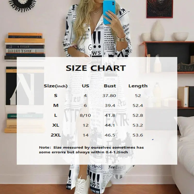 Women's Long Sleeve Newspaper Print Shirt Dress Button Down Casual Long Dress Lady T Fashions