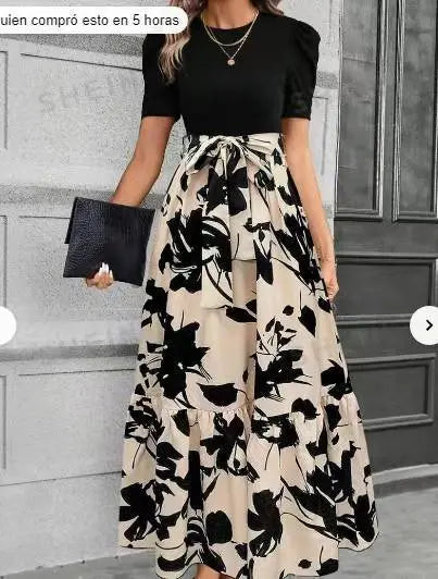 Floral Print Round Neck Exotic Vacation Style Elegant Dress Lady T Fashions