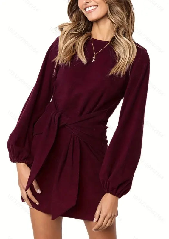 Solid Tie Waist Crew Neck Dress, Elegant Slim Lantern Sleeve Dress For Spring & Fall, Women's Clothing Lady T Fashions
