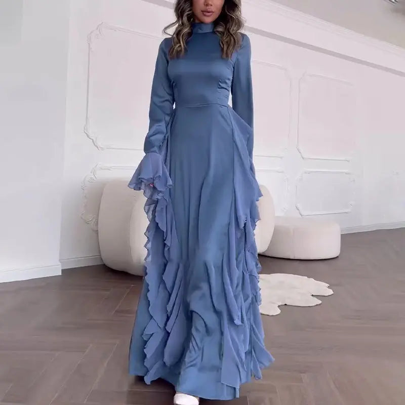 Women's Round-neck Flared Sleeves Temperament High Waist Slimming Patchwork Dress Lady T Fashions
