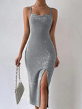 Women's Solid Color Bright Diamond Side Slit Suspender Dress Lady T Fashions