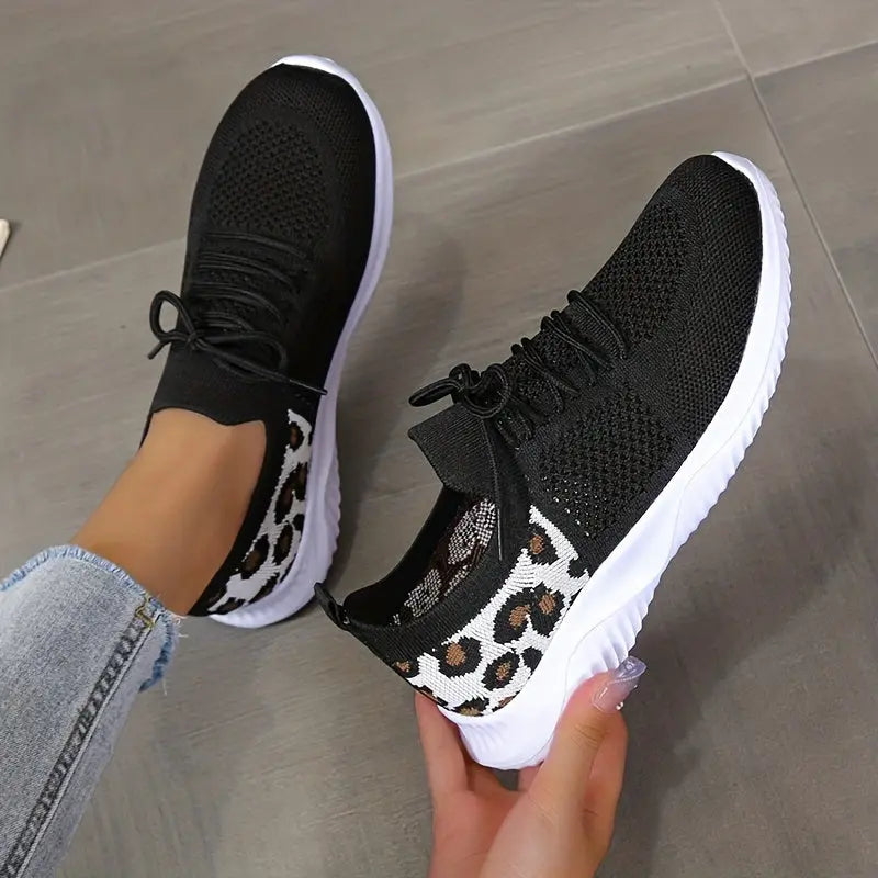 Women's Leopard Knit Sports Shoes, Breathable Lace Up Low Top Running Shoes, Casual Walking Tennis Sneakers Lady T Fashions