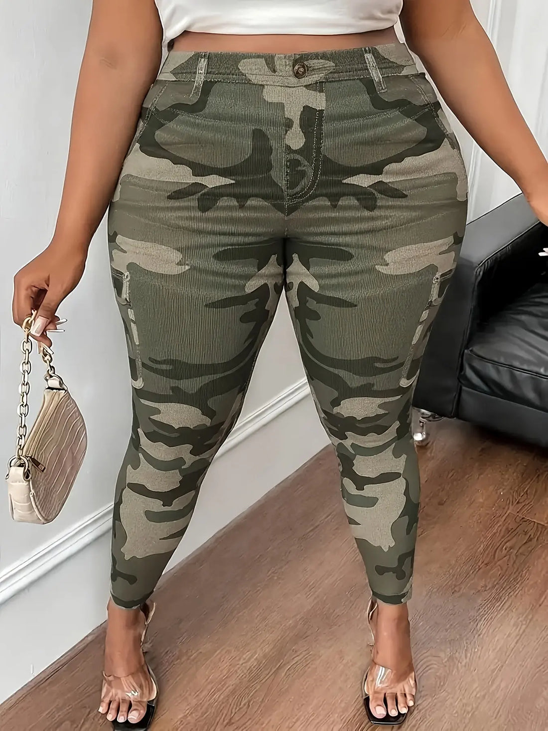 【imitation denim】Plus Size - Stretchy Leggings with a Camouflage Pattern for Plus-Size Women. Lady T Fashions