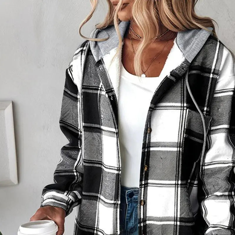 Women's Plaid Hoodie Long Sleeve Jacket Button Drawstring Casual Fall Shirts Shacket With Pocket Lady T Fashions