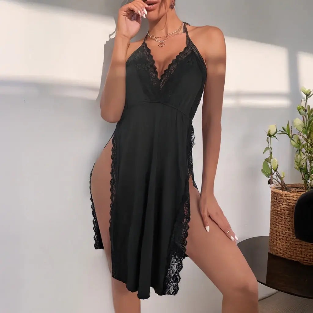 Elegant Women's Black Lace Slit Dress - Deep V-neck Lace Hem, Halter Thigh High Strap Pajamas, Soft Polyester And Spandex Blend, Perfect For Pajamas Or Evening Wear, Lace Dress Lady T Fashions
