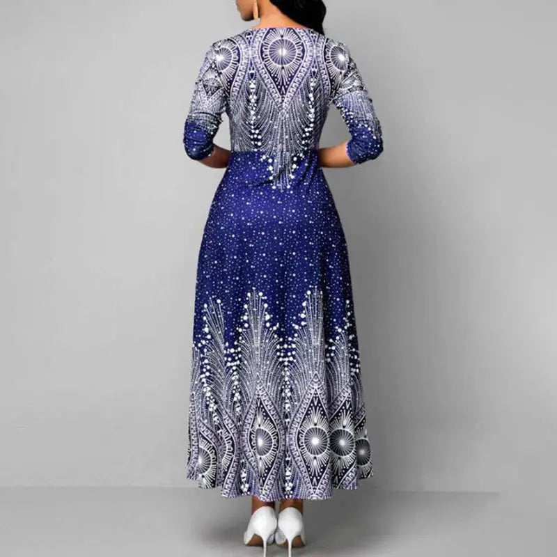 Women's Plus Size Elegant V-Neck Long Sleeve A-Line Dress With Starry Sky Print, Slim-Fit Flowy Maxi Dress For Holiday & Party Wear Lady T Fashions